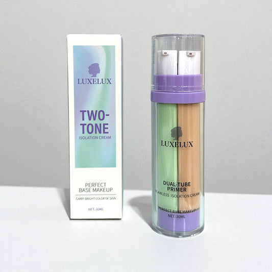 LUXELUX Dwukolorowa Baza Pod Makijaż 2 w 1 – Fioletowa + Podkład w Naturalnym Odcieniu 30ml (Baza rozświetlająca + podkład wyrównujący koloryt)