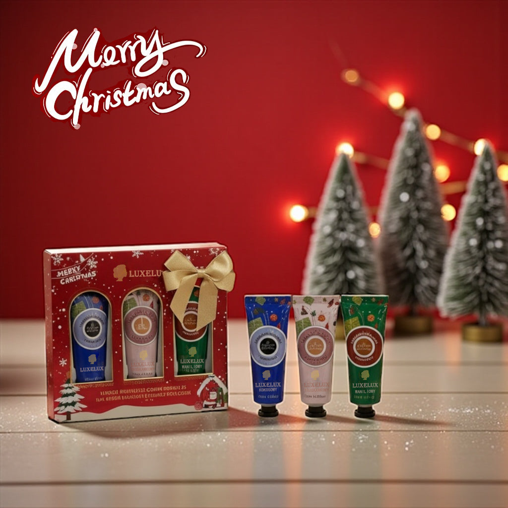 LUXELUX Świąteczny zestaw kremów do rąk 3×25 g – kokos, truskawka i wanilia. Nawilża, wygładza i otula dłonie świątecznym aromatem.
