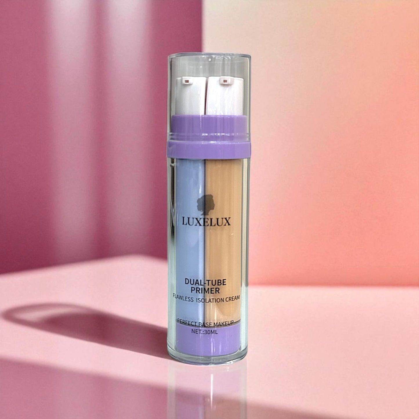 LUXELUX Dwukolorowa Baza Pod Makijaż 2 w 1 – Fioletowa + Podkład w Naturalnym Odcieniu 30ml (Baza rozświetlająca + podkład wyrównujący koloryt)