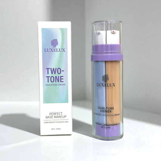 LUXELUX Dwukolorowa Baza Pod Makijaż 2 w 1 – Fioletowa + Podkład w Naturalnym Odcieniu  30ml (Baza rozświetlająca + podkład wyrównujący koloryt)