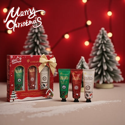 LUXELUX Świąteczny zestaw kremów do rąk 3×25 g – róża, kwiat wiśni i masło shea. Nawilża, regeneruje i otula dłonie świątecznym zapachem.