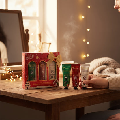 LUXELUX Świąteczny zestaw kremów do rąk 3×25 g – róża, kwiat wiśni i masło shea. Nawilża, regeneruje i otula dłonie świątecznym zapachem.