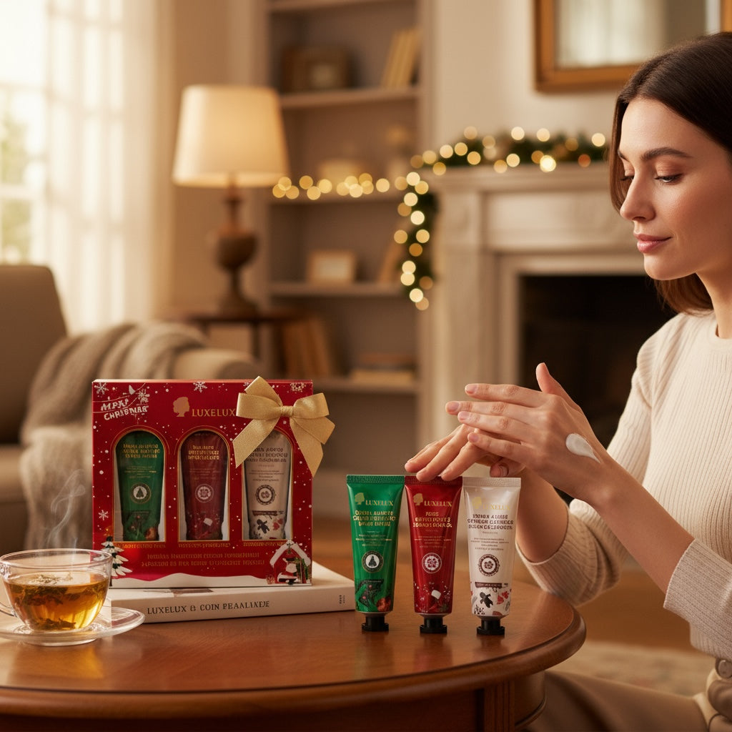 LUXELUX Świąteczny zestaw kremów do rąk 3×25 g – róża, kwiat wiśni i masło shea. Nawilża, regeneruje i otula dłonie świątecznym zapachem.