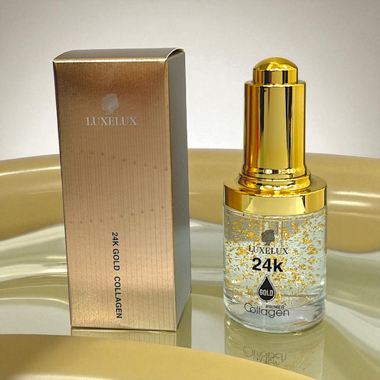 LUXELUX Baza Pod Makijaż z Kolagenem i Złotem 30ml (Złote płatki + kolagen | Nawilżająca, wygładzająca, rozświetlająca baza pod makijaż)