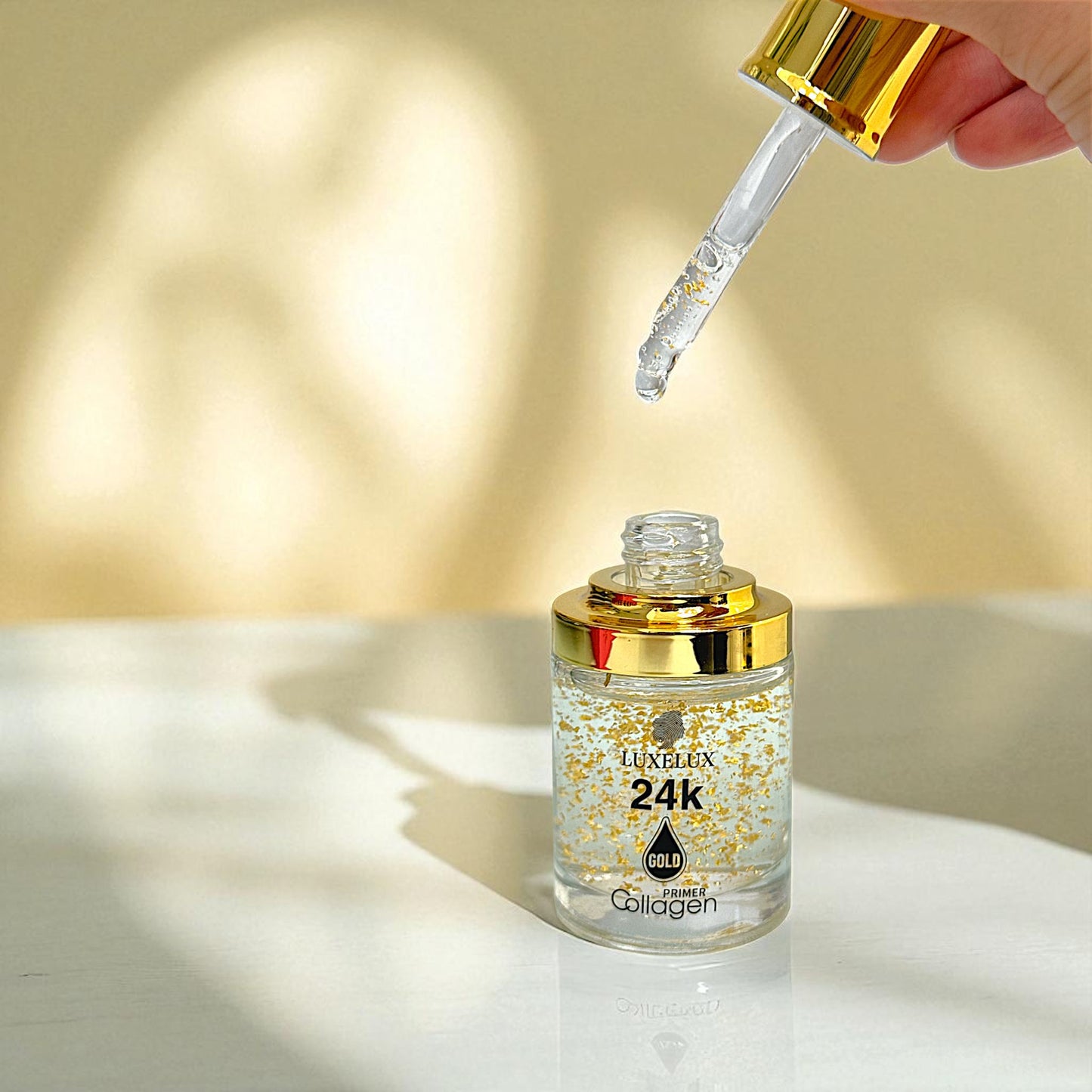 LUXELUX Baza Pod Makijaż z Kolagenem i Złotem 30ml (Złote płatki + kolagen | Nawilżająca, wygładzająca, rozświetlająca baza pod makijaż)