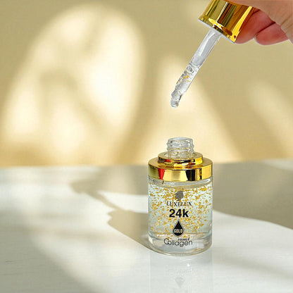 LUXELUX Baza Pod Makijaż z Kolagenem i Złotem 30ml (Złote płatki + kolagen | Nawilżająca, wygładzająca, rozświetlająca baza pod makijaż)