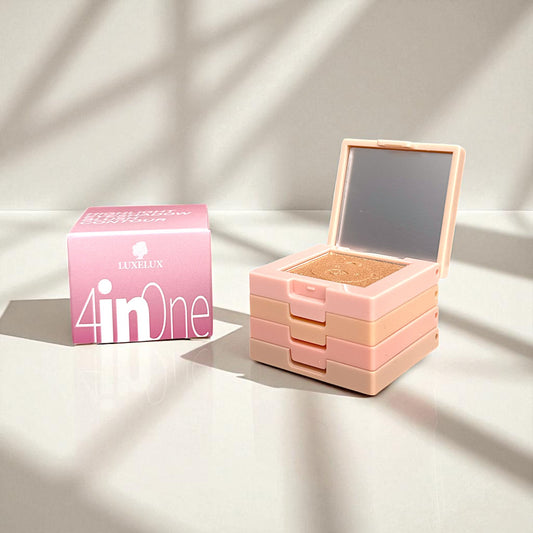 🌟 LUXELUX 4 w 1 – Paleta do Makijażu Twarzy i Oczu z Lusterkiem  Rozświetlacz | Cienie | Róż | Bronzer